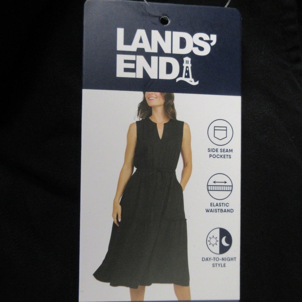 LANDS' END Black Sleeveless Tiered Midi Dress Sz Medium Lyocell Side Pockets NWT